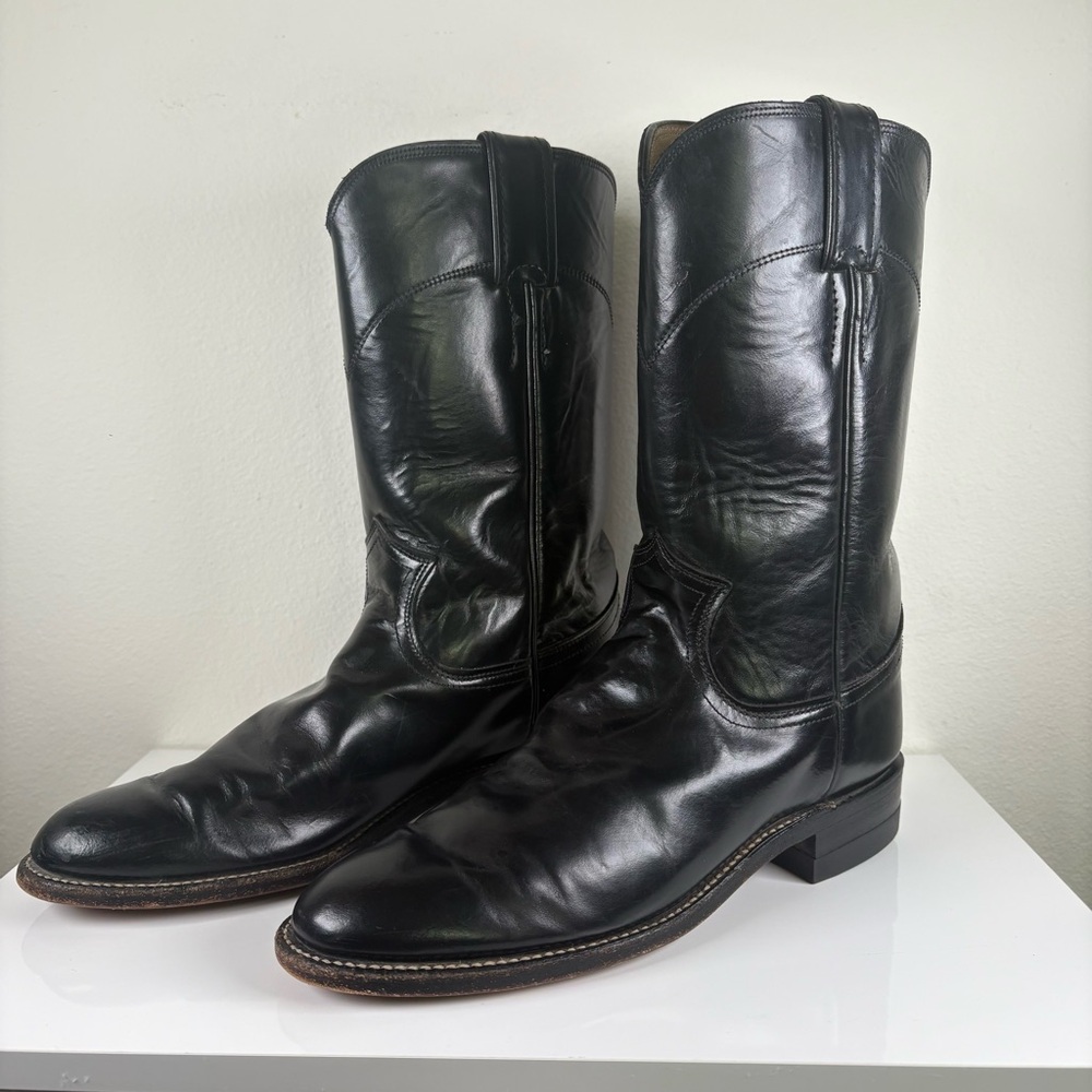 justin black leather western cowboy boots usa made vintage square toe